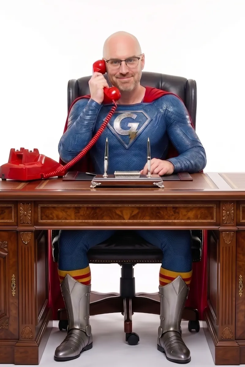 Grover at a desk answering a retro red phone